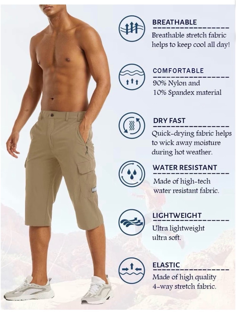 Outdoor New Fashion Men's Khaki Cargo Shorts with Zip & Flap Pockets